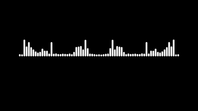 Audio frequency spectrum animation, white waveform equalizer, music visualization line, podcast sound signal, modern digital audio motion, abstract voice waveform, seamless loop, black background. 4k