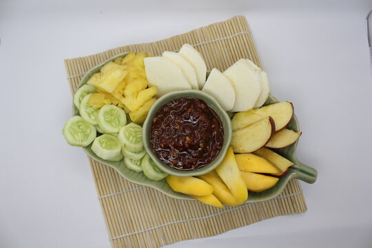 Top View of Indonesian Rujak Fruit Salad with Spicy Dip