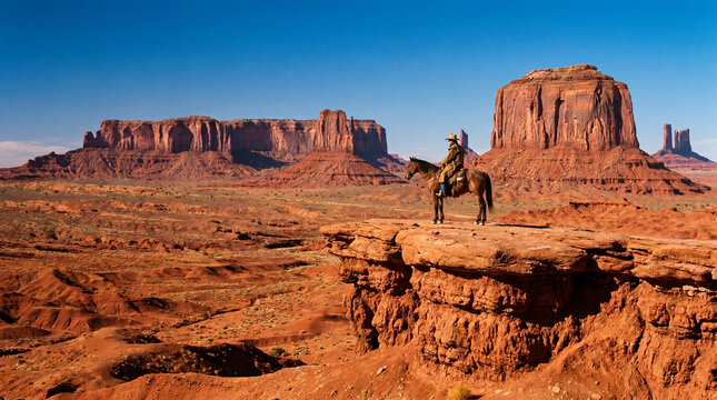 Cowboy riding a horse on a red rock cliff in Monument Valley desert landscape under a clear blue sky