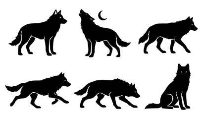 Obraz premium Wolf Silhouette Vector Set Featuring Howling at the Moon, Running, Stalking, and Sitting Poses for Wilderness and Wildlife Graphic Designs 