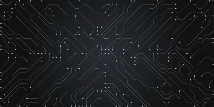 Dark gray background, featuring a digital, circuit board pattern, with thin white, lines, interconnected paths, and small circular, nodes arranged in, a symmetrical, technical, and geometric layout