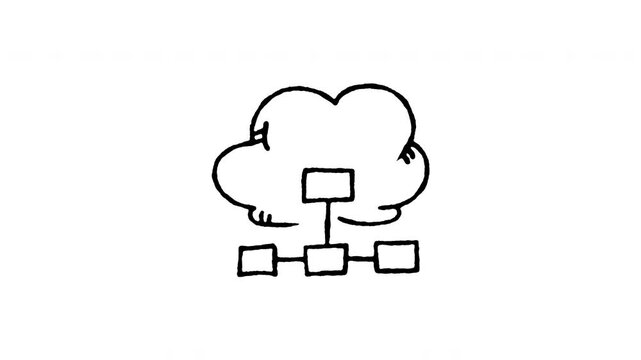 Hand drawn 4K cloud data share doodle animation with boiling line motion. Frame by frame outline on black and green screen backgrounds, perfect for file transfer, network, and database connection.