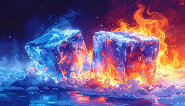 Burning ice cubes in orange and blue flames.