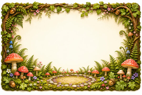 A magical forest floor frame mockup featuring a fairy ring of stones, red and white toadstool mushrooms, ferns, moss, and tree branches with a clean blank center for text.