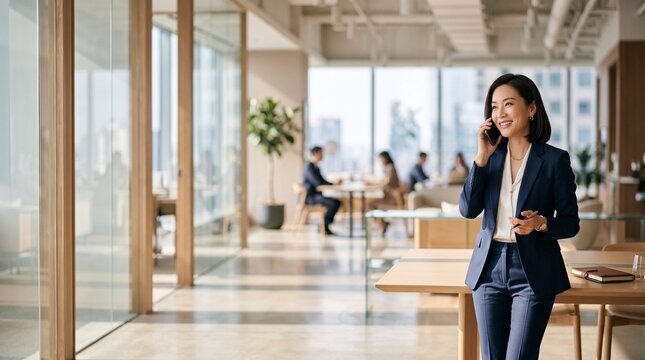 Professional businesswoman talking on phone in modern office space showing confidence and conversational energy, open layout and colleagues meeting in background