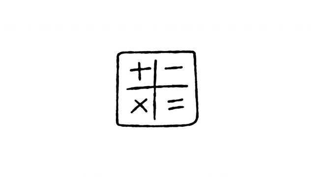 4K hand drawn calculator math symbols doodle icon with line boil effect. Features frame by frame line art on black and green screen background for accounting, finance, math, and education edits.