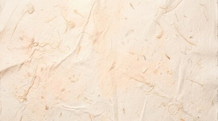 Fototapeta premium Handmade paper sheet with knotted fibers and subtle beige texture, soft organic pulp surface showing natural inclusions and creases, rustic craft background evoking warm artisanal feel