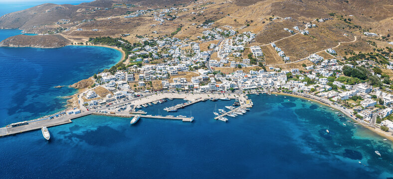 Panoramic aerial view of the harbour and marina of Livadi, Serifos island, Cyclades, Greece, during summer time