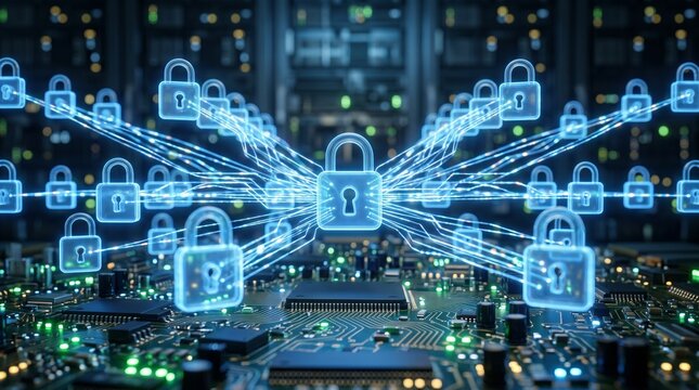 Secure digital network concept showing glowing blue padlock icons connected across circuit board, illustrating data protection and cybersecurity in server environment with dynamic light trails