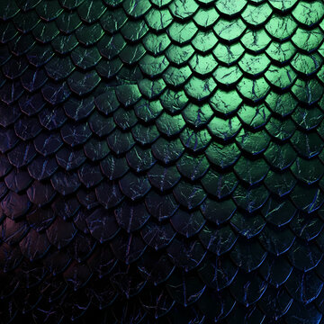 Abstract background featuring iridescent green and purple dragon scale texture pattern.