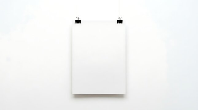 Blank paper sheet hanging with black binder clips