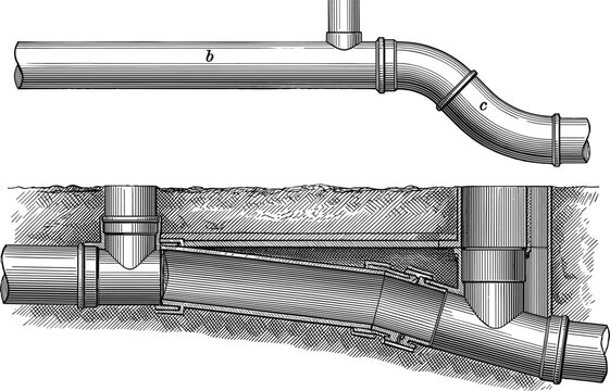 Vintage plumbing engineering diagram showing underground sewer pipe installation cross section and drainage system layout details vector