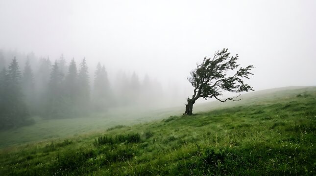 Lone tree bending in the wind on a misty green hill