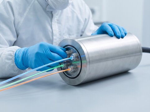 Cleanroom technician assembling stainless steel subsea fiber optic repeater node