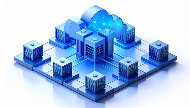 Isometric blue 3D cloud computing network architecture with database servers and interconnected data storage nodes