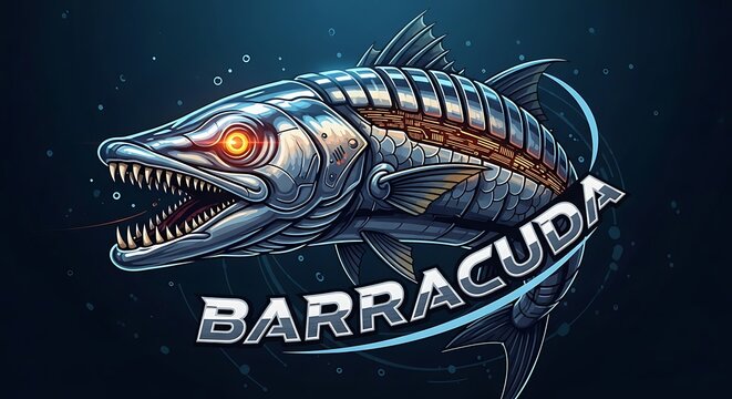 Cybernetic barracuda fish illustration on dark background