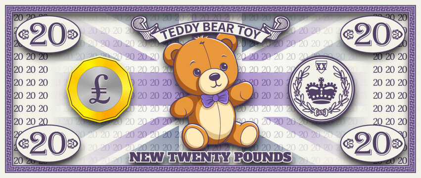 Vector 3d obverse of new twenty pound banknote with shadow, England. Cute cartoon sitting teddy bear toy. Game money. Certificate, coupon or flyer. 20 pounds
