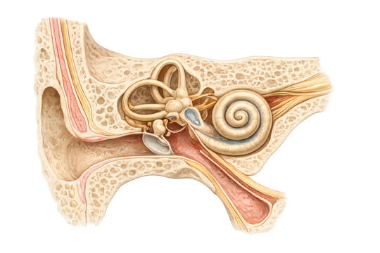 Detailed anatomical cross-section diagram of the human inner and middle ear showing the ear canal, cochlea, semicircular canals, and temporal bone structure for educational study