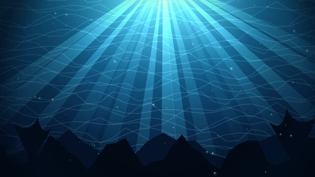 Animated Deep Blue Underwater Light Rays and Seabed Silhouette