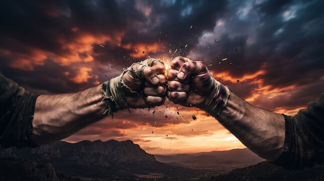 Close up of two fighters hands wrapped in bandages, fists colliding against dramatic sunset sky.