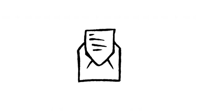 Animated 4K open envelope email message doodle icon. Hand drawn line art on black and green screen chroma key background for incoming mail, letter, contact, read message, and newsletter edits.