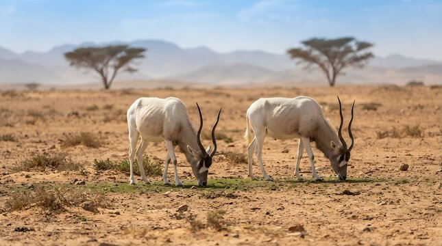 Two white addax antelopes grazing in a dry desert landscape with scattered trees and mountains