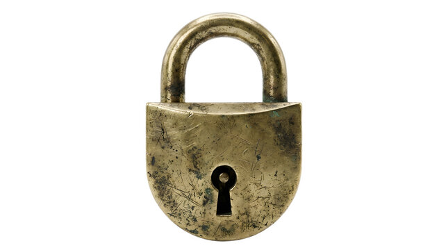 Antique brass padlock with keyhole isolated on transparent background