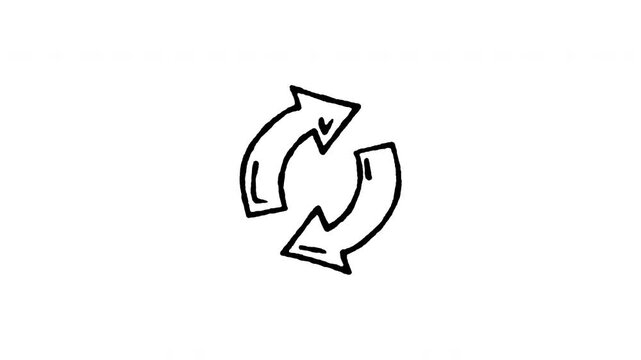 Animated refresh circular arrows doodle icon. Features 4K frame by frame boiling line animation on black and green screen backgrounds for reload, update, synchronize, reset, and loop process.