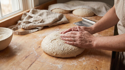 Obraz premium Baker forms new dough for morning wholesale bread deliveries