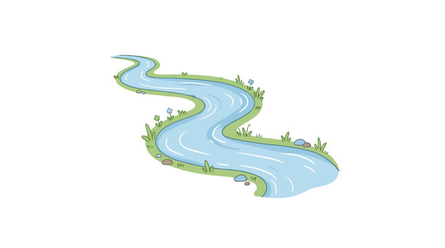 Cartoon river flowing through green landscape with grass and flowers