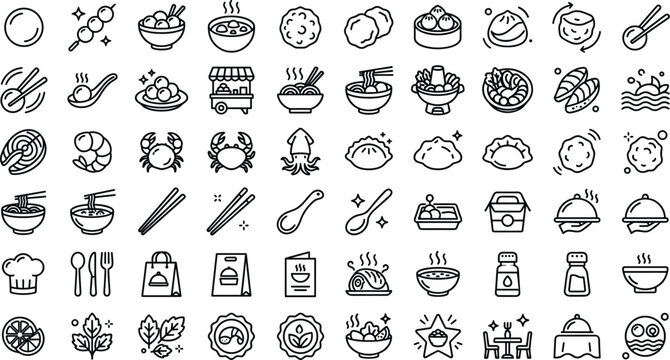 Asian food and seafood line icons set featuring noodles dumplings sushi chopsticks bowls restaurant catering menu vector