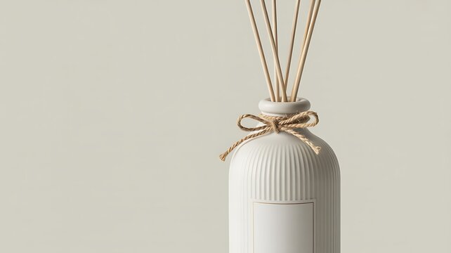 Minimalist product photograph of a white ceramic reed diffuser with sticks on a neutral background.