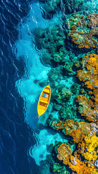 Gelbes Holzboot im t&uuml;rkisblauen Meer aus der Luft