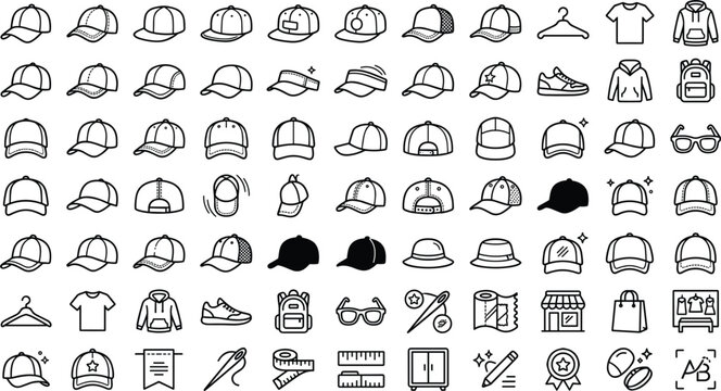 Baseball caps and headwear fashion line icons set featuring hats apparel tailoring clothing sneakers accessories store and manufacturing vector