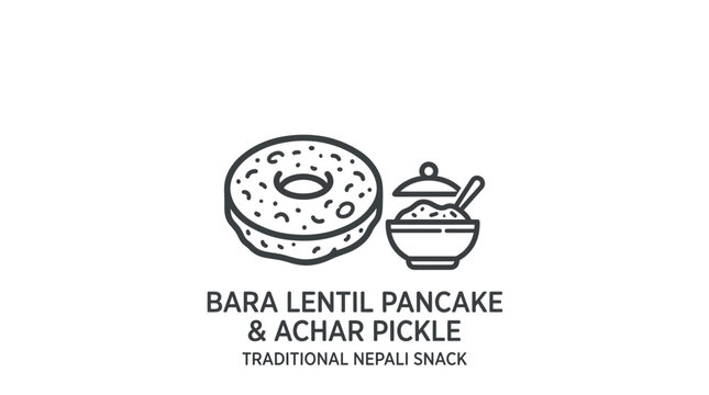 Line art illustration of a traditional Nepali Bara lentil pancake and a bowl of achar pickle.