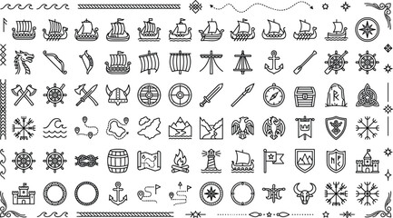 Viking and nautical line icons set featuring drakkar longships celtic symbols ancient weapons maps anchors and maritime adventure vector © Habiba