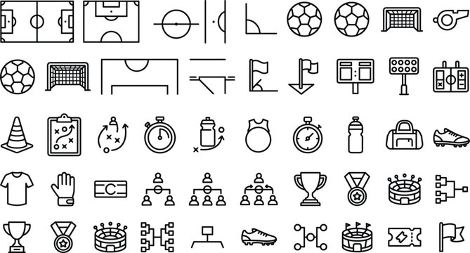 Soccer and football line icons set featuring stadium balls goals field tactics whistles trophies jerseys boots and tournament brackets vector