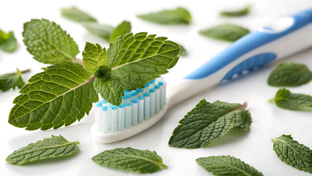 Fresh mint leaves on toothbrush and toothpaste tube. Natural oral hygiene ingredients for dental care and clean breath.