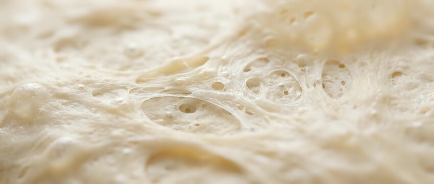 Macro close-up of bread dough texture showing air pockets and gluten structure, suitable for baking, food photography, and culinary content.