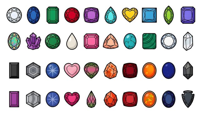 Collection of colorful gemstone and crystal icons in various shapes and cuts