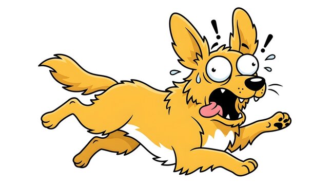 Cartoon illustration of a funny panicked golden dog running away in fear