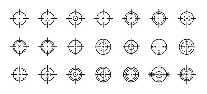 Aim or target cross symbol in circle. Illustration of weapon sign of sniper or sharpshooter. Aiming bullseye in flat design in outline style. Optical game weapon. Aim sight for hunting.