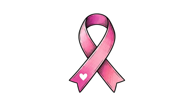 Watercolor pink ribbon symbol for breast cancer awareness month featuring a small white heart isolated on transparent background
