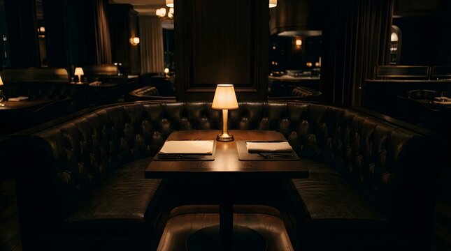 Empty restaurant booth with table lamp in dim luxury dining room