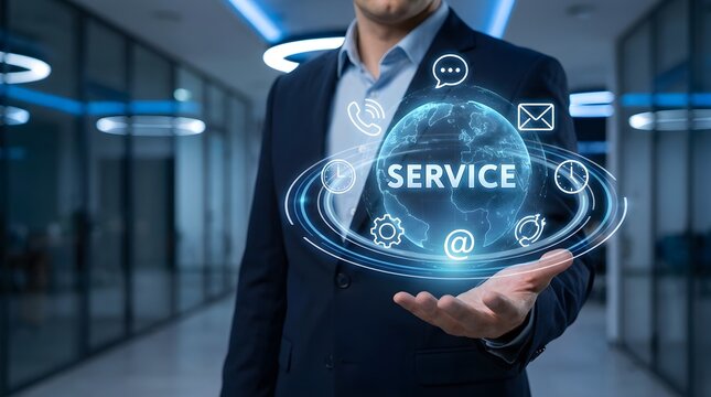 Corporate man in suit interacting with holographic service network interface