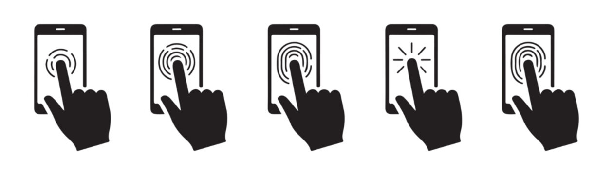 Smartphone touchscreen interaction icons featuring fingerprint identification and finger tap gestures set.