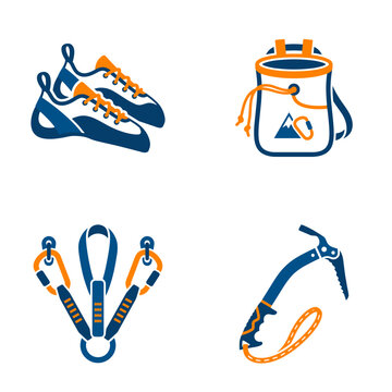 Rock climbing and mountaineering gear icon set