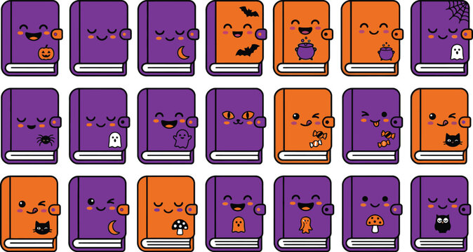 Set of cute cartoon books with funny faces for a fun and spooky halloween themed design project