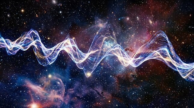 Glowing abstract energy wave in a vibrant starry galaxy, illustrating science, technology, and data communication concepts.