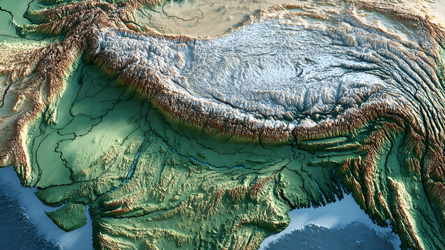 Topographic Map of the Himalayas Showing Snow-Capped Peaks and Surrounding Regions